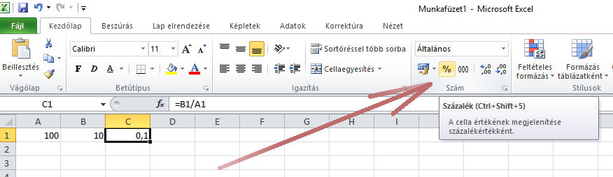 Excel százalék függvény: egy százalékjel a százalék formázás ikon