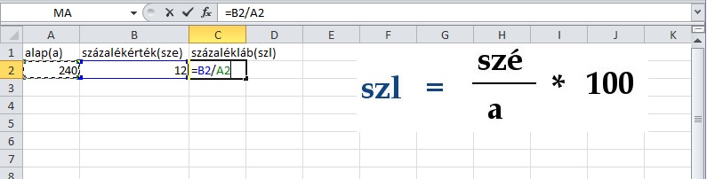 Százalékláb képlet, százalékláb számítása Excel munkafüzetben